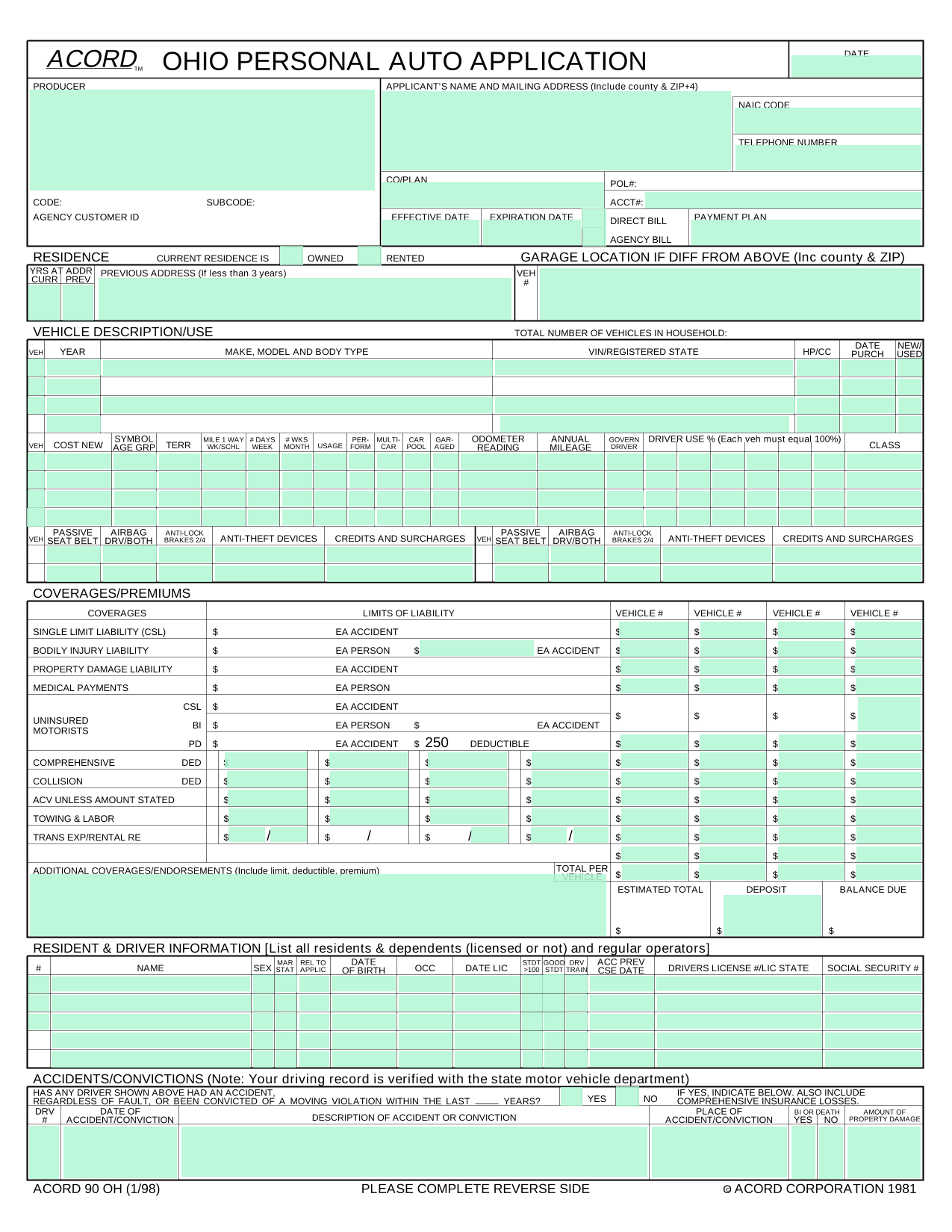 Ohio Personal Auto Application (ACORD 90 OH) screenshot