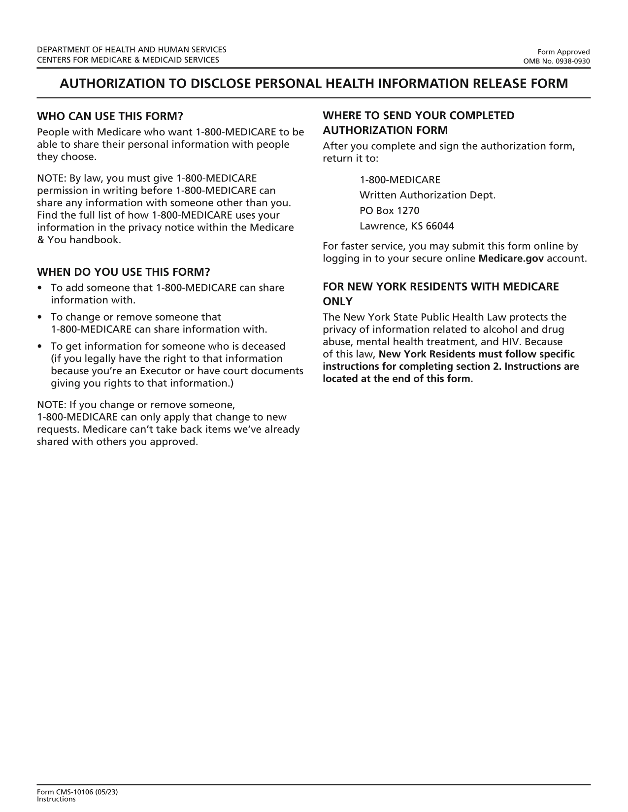 Authorization To Disclose Personal Health Information (CMS 10106) screenshot