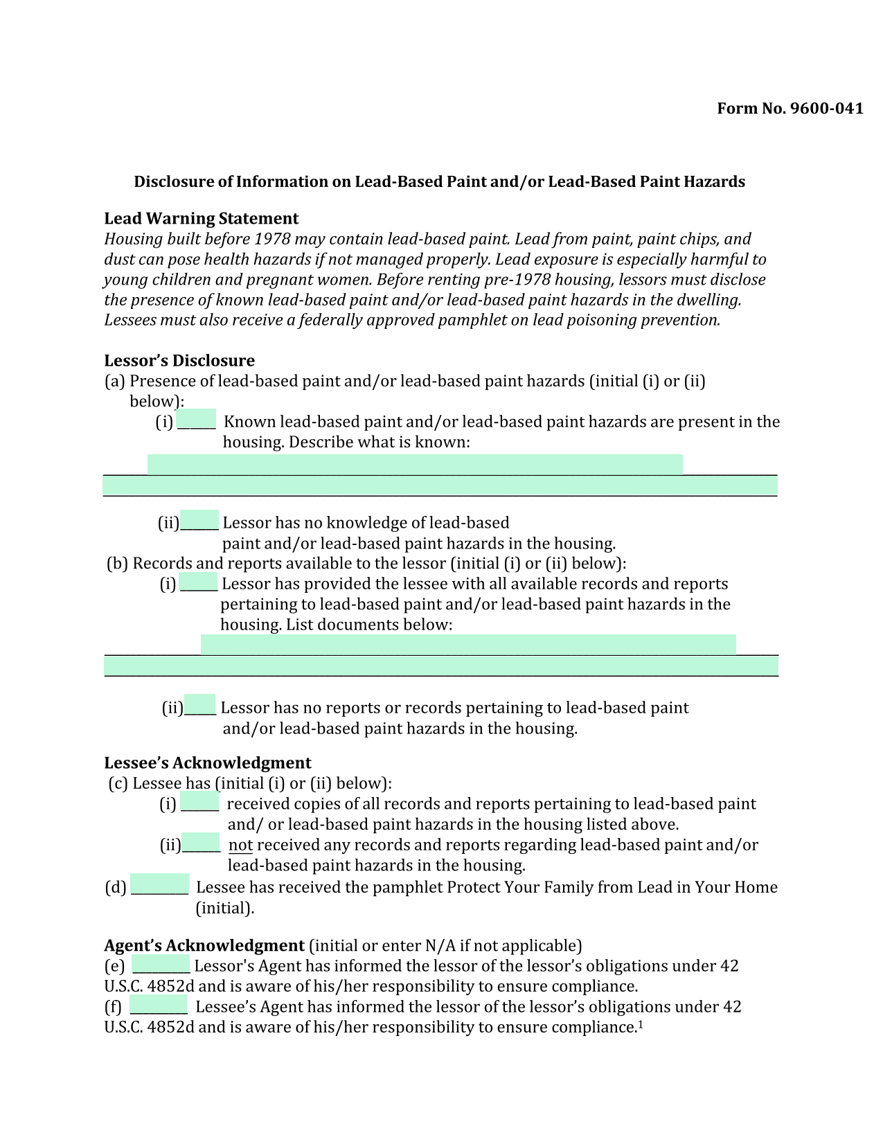 Lead Based Paint Hazards Disclosure (Form 9600 041) screenshot