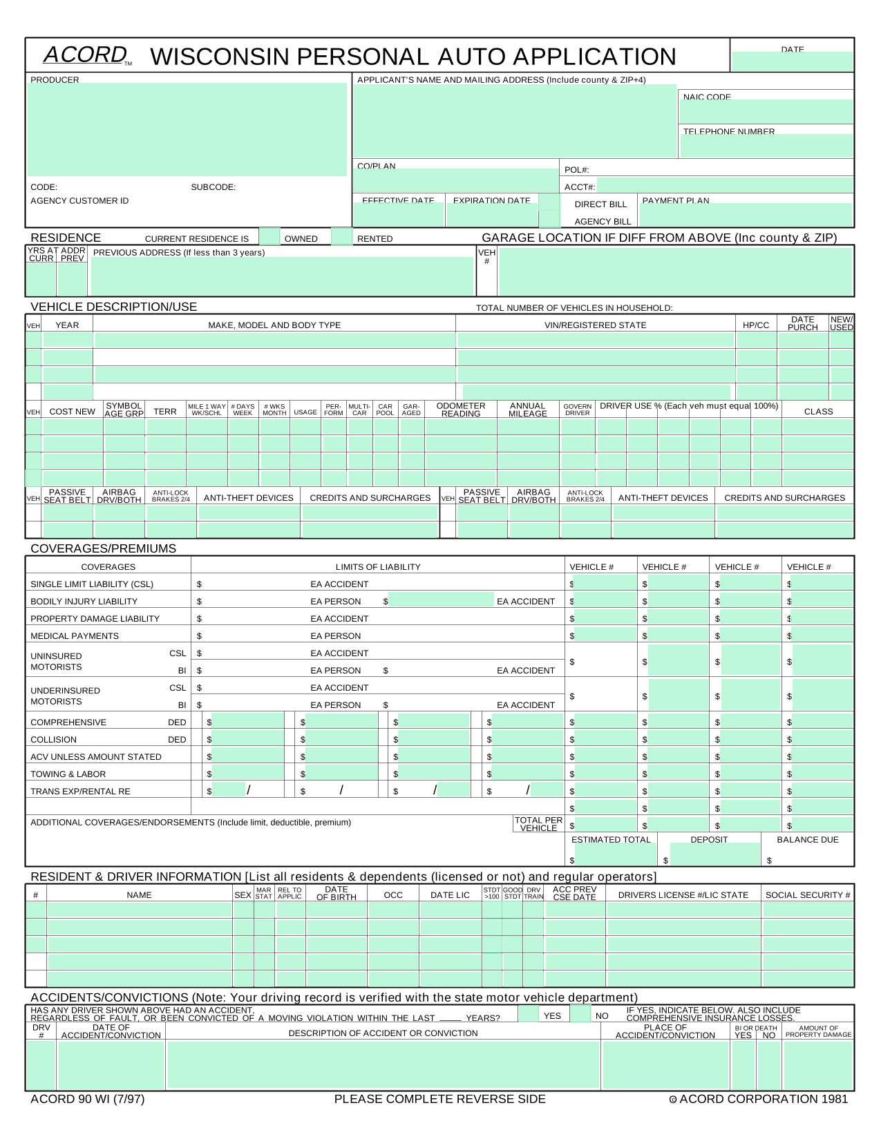 Wisconsin Personal Auto Application (ACORD 90 WI) screenshot
