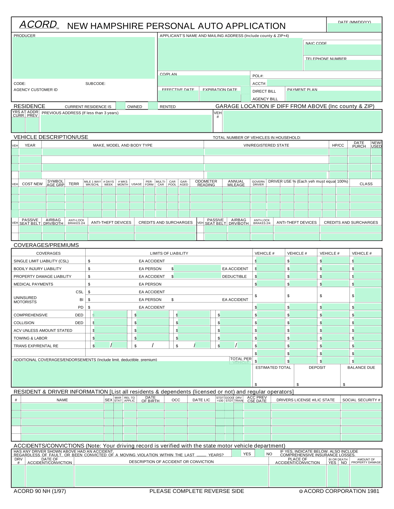 New Hampshire Personal Auto Application (ACORD 90 NH) screenshot