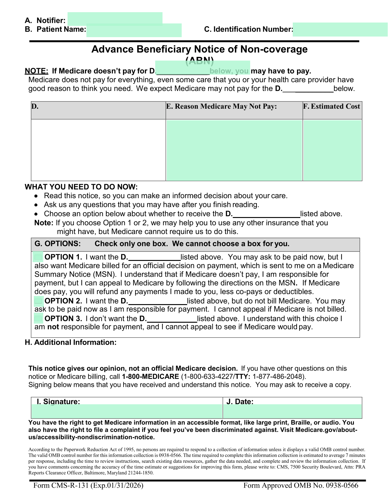 Advance Beneficiary Notice Of Non Coverage (ABN) screenshot
